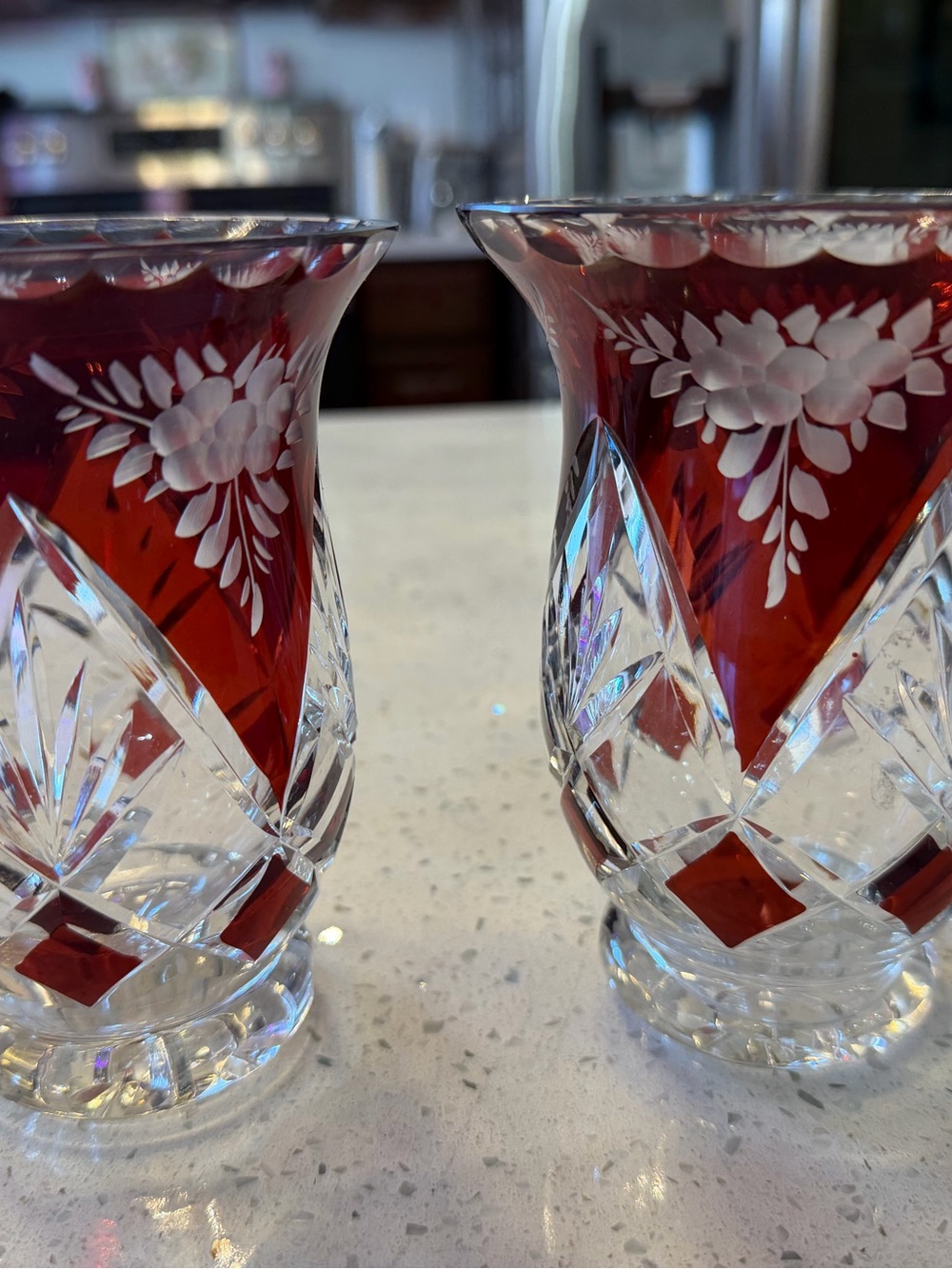 Ruby Red & Clear Crystal Floral Vases Set of 2